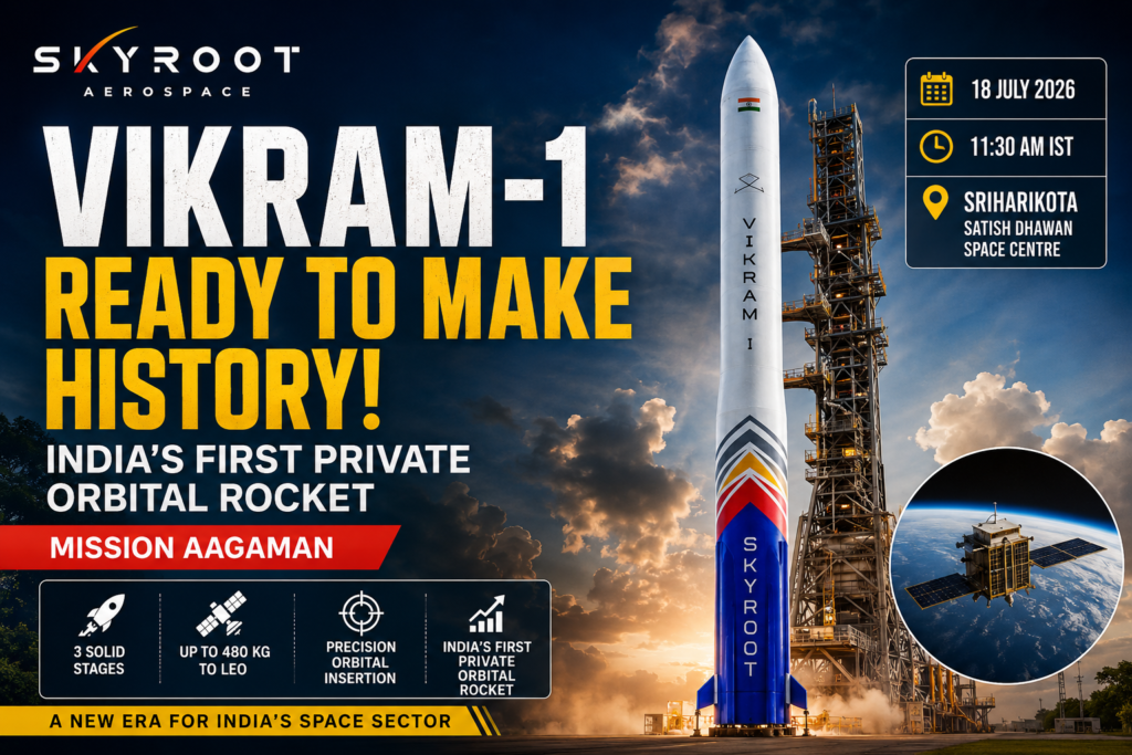Vikram-1 rocket at the launch pad with Mission Aagaman details, marking India’s first private orbital rocket launch from Sriharikota.