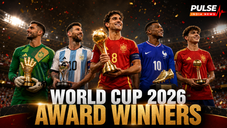 2026 World Cup award winners graphic featuring players representing Spain, Argentina and France with the Golden Ball, Silver Ball, Golden Boot, Golden Glove and Best Young Player awards.