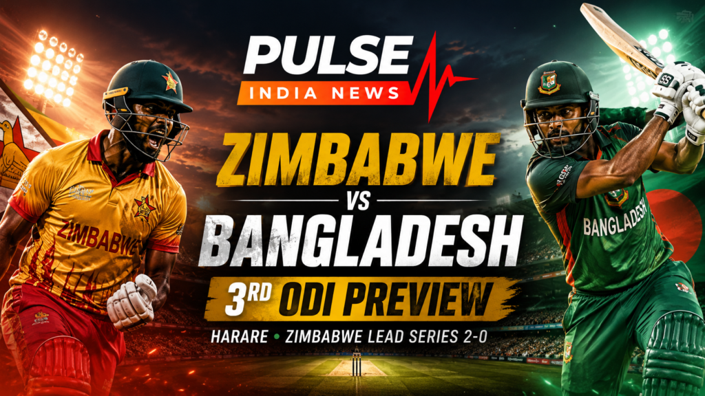 Cinematic Zimbabwe vs Bangladesh 3rd ODI preview graphic featuring cricketers from both teams, Harare stadium and Pulse India News branding.