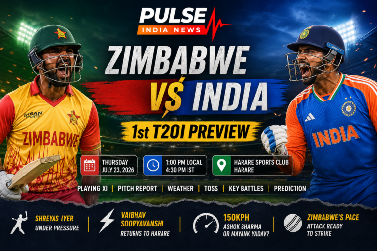 Zimbabwe vs India 1st T20I 2026 preview graphic featuring players from both teams, match time, venue, playing XI, pitch report and key battles.