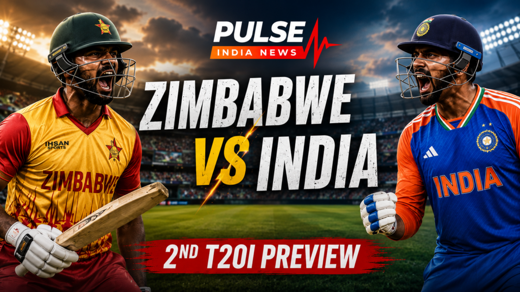 Zimbabwe vs India 2nd T20I preview graphic featuring cricketers from both teams at a packed stadium.