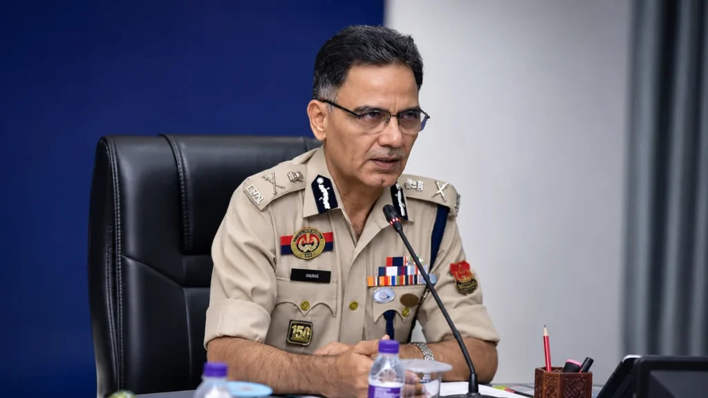 Tripura DGP Anurag Dhankar addressing an official meeting at the Police Headquarters in Agartala.