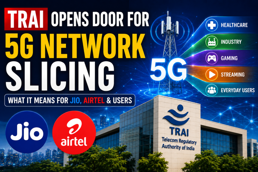 TRAI Opens Door for 5G Network Slicing in India: What It Means for Jio, Airtel and Users TRAI, Jio and Airtel featured in a 5G network slicing graphic showing dedicated network lanes for healthcare, industry, gaming, streaming and everyday mobile users in India.