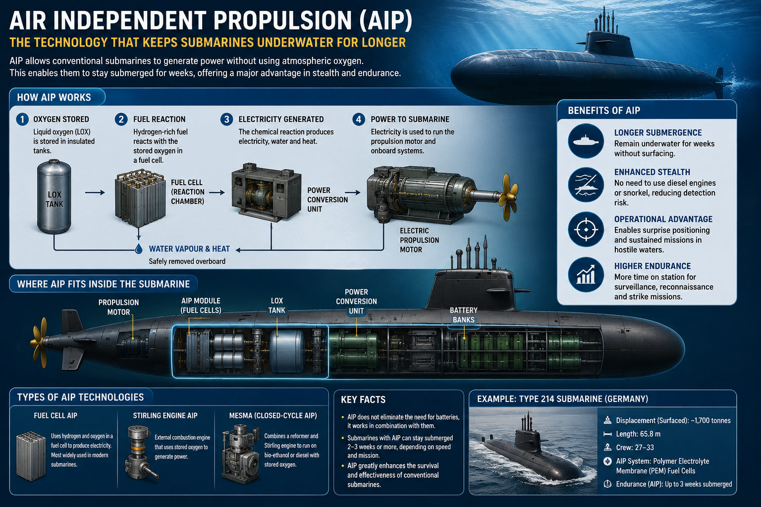 Air Independent Propulsion AIP infographic explaining fuel cell technology for conventional submarines