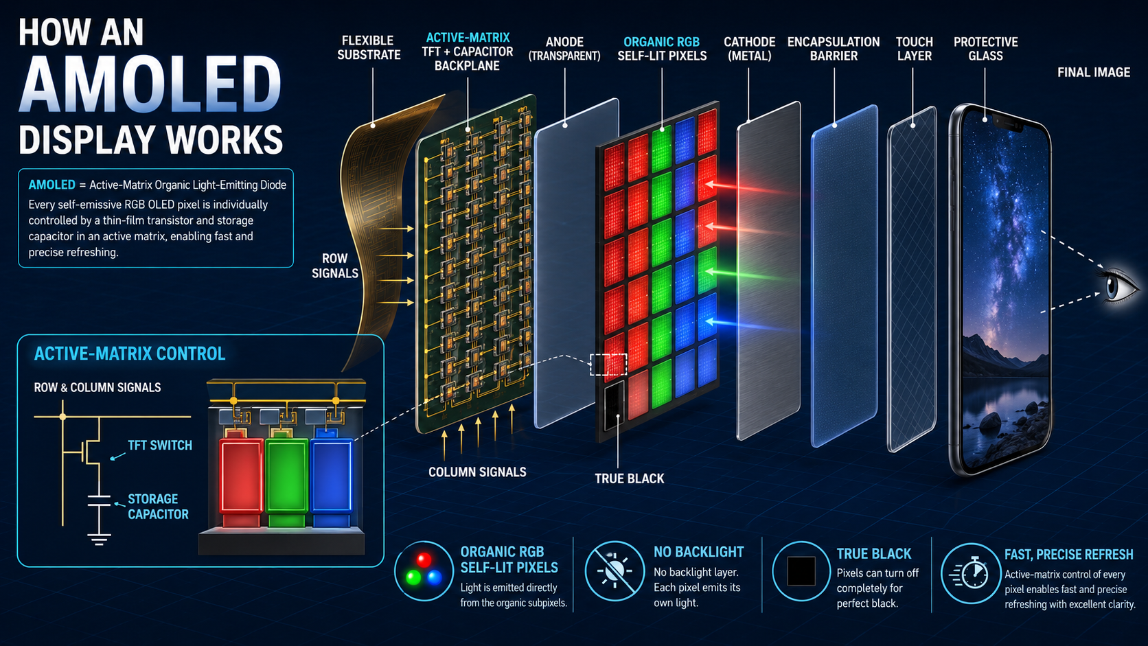 AMOLED display diagram showing OLED pixels controlled by an active-matrix TFT and capacitor backplane