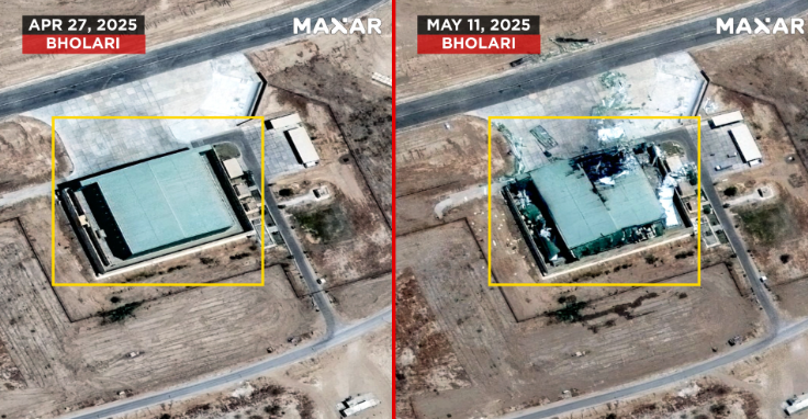 Maxar satellite imagery showing severe visible damage to a hangar at Pakistan Bholari airbase after the May 2025 conflict.