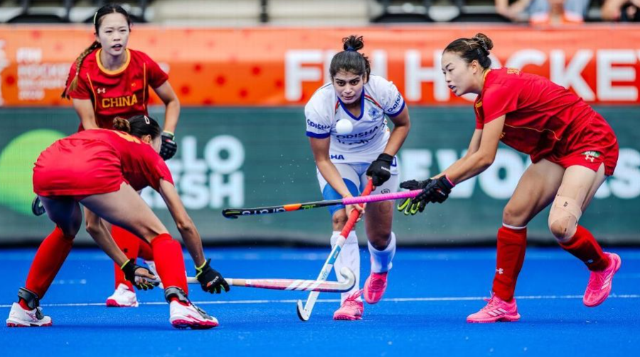 India forward Deepika controls the ball against China during the FIH Women's Hockey World Cup 2026.