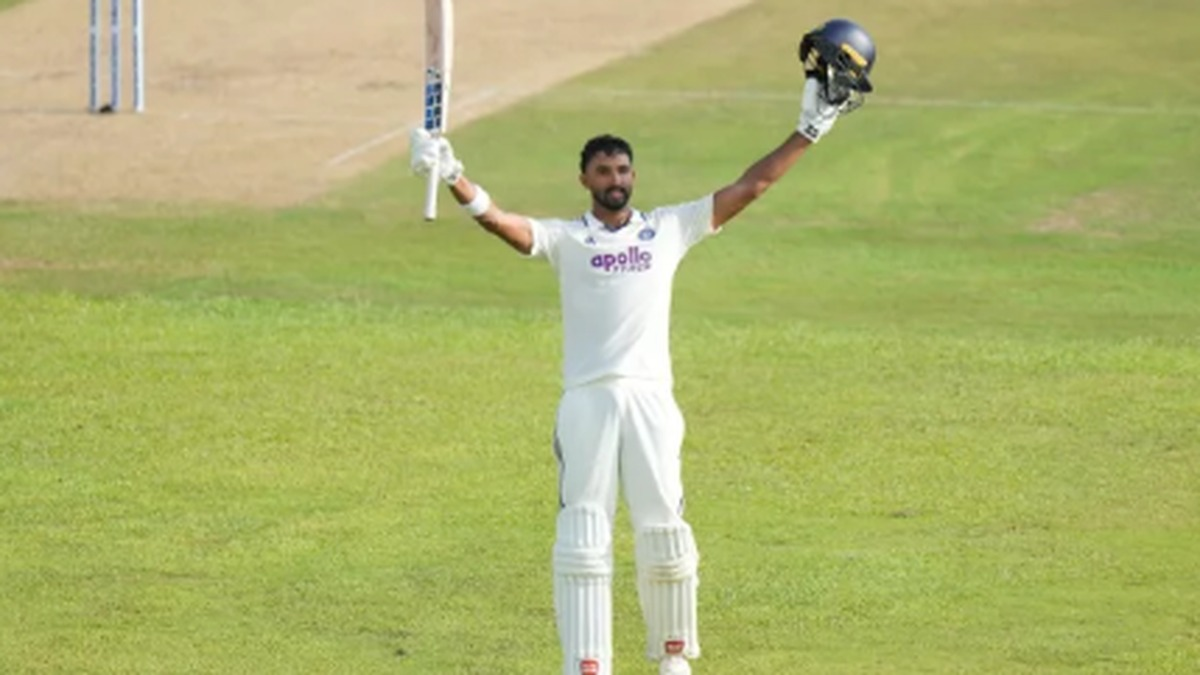 Devdutt Padikkal celebrates his maiden international century during the first Test between India and Sri Lanka at Galle.