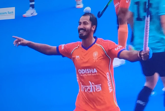 Dilpreet Singh celebrates after scoring for India against England at the FIH Men's Hockey World Cup 2026.