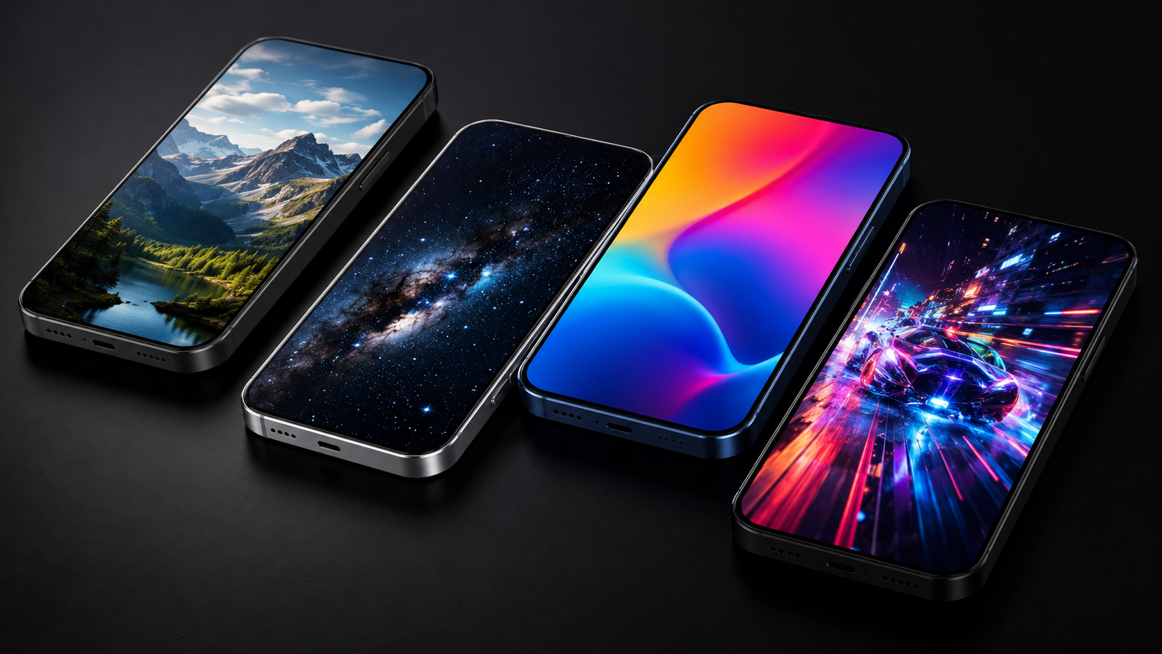 Four modern smartphones displaying natural colours, deep blacks, vivid gradients and fast gaming visuals on a black background