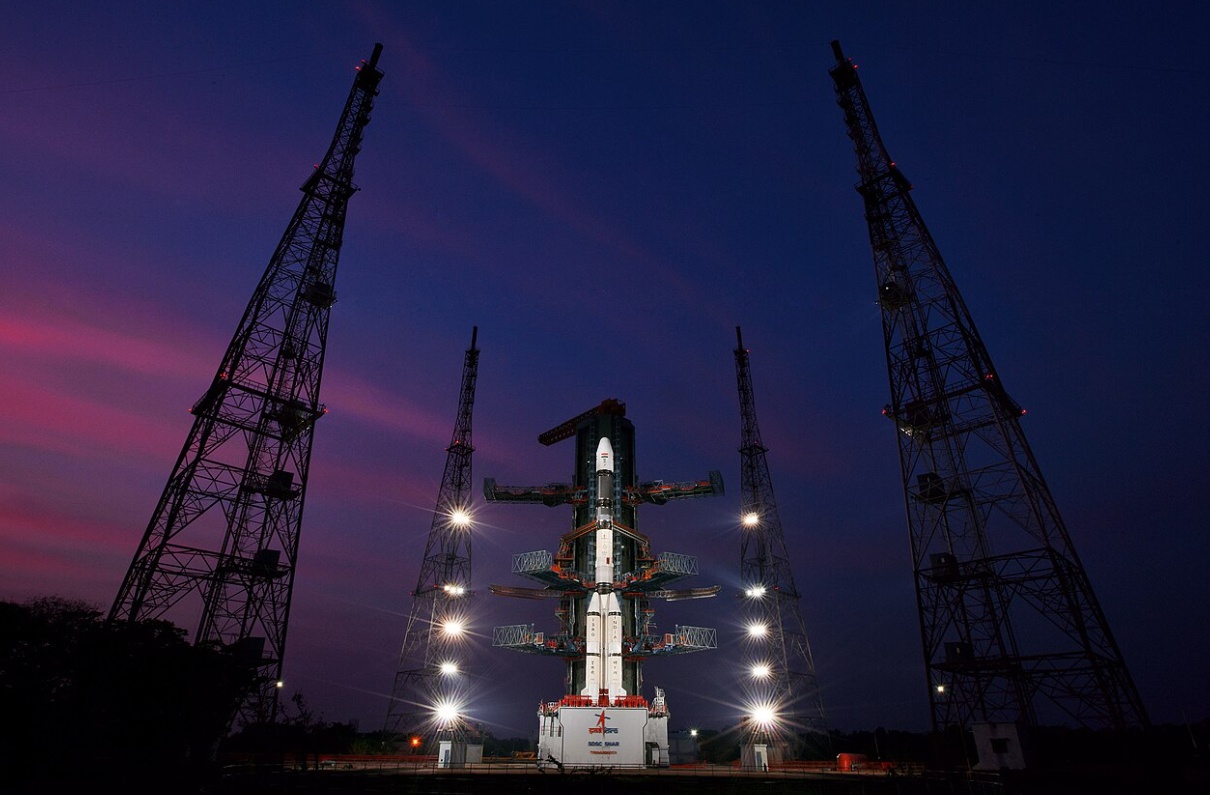 ISRO GSLV rocket standing on the launch pad at Sriharikota, similar to the vehicle expected to launch GISAT-1A