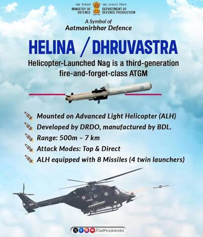 DRDO infographic showing the HELINA and Dhruvastra helicopter-launched anti-tank missile with an Advanced Light Helicopter