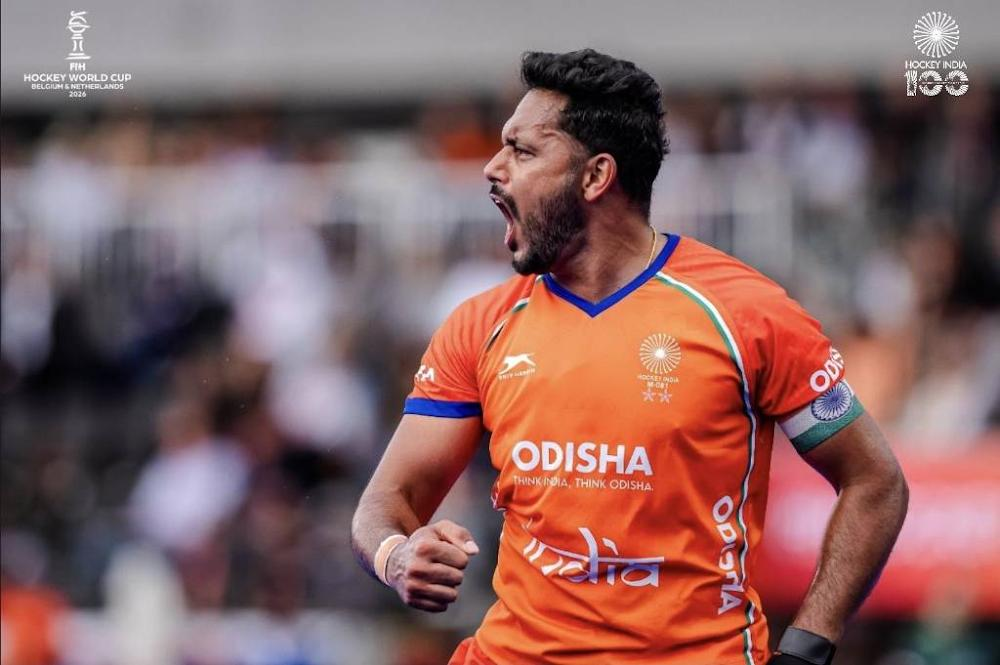 India captain Harmanpreet Singh roars in celebration during the FIH Hockey World Cup 2026.