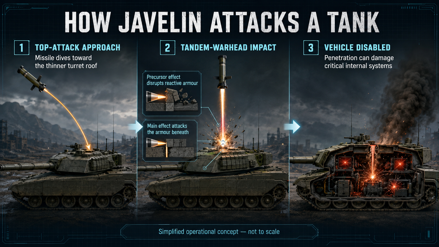 Three-stage infographic showing a Javelin diving towards a tank roof, striking the armour and damaging internal systems
