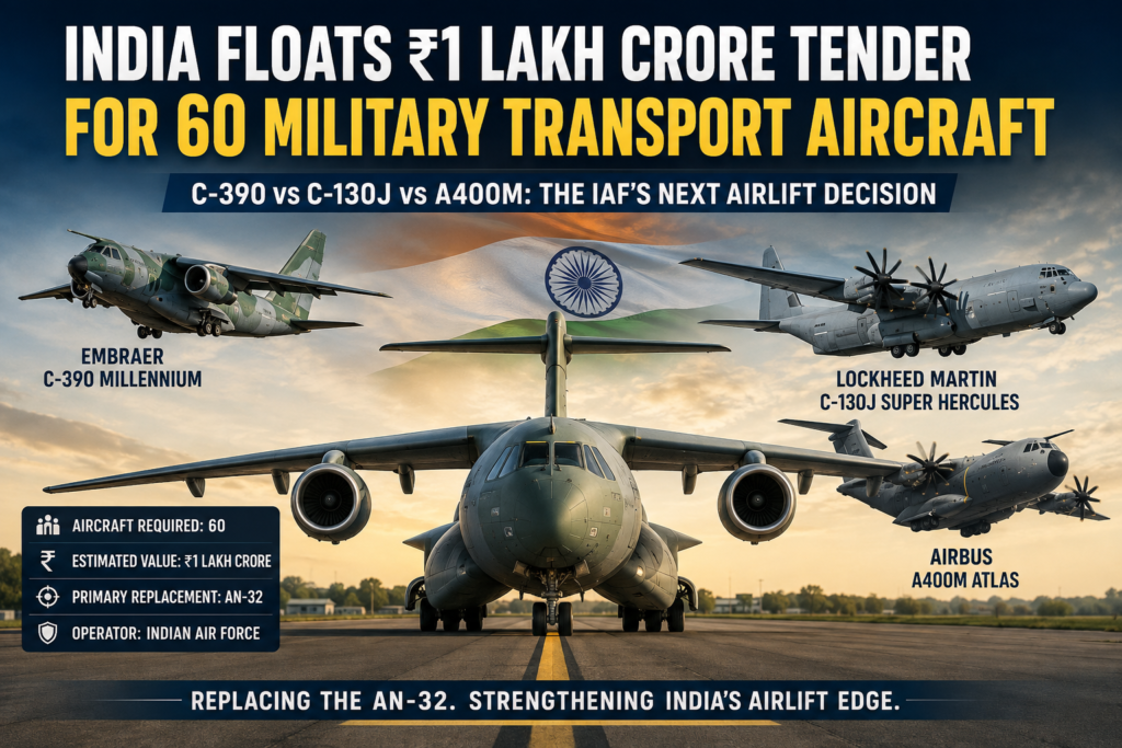 India Floats ₹1 Lakh Crore Tender for 60 Military Transport Aircraft India ₹1 lakh crore military transport aircraft tender featuring C-390 Millennium, C-130J Super Hercules and Airbus A400M Atlas