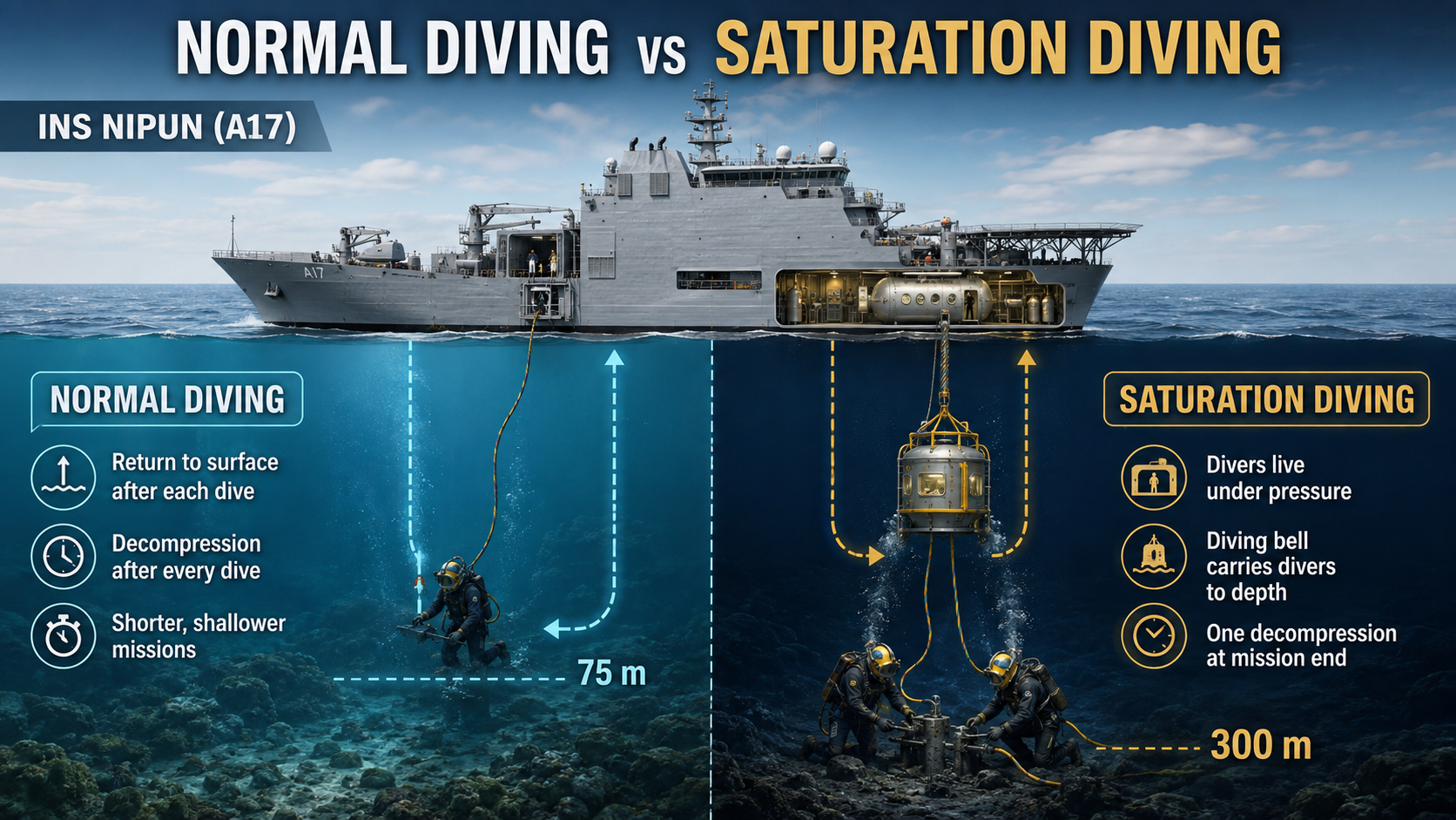 Infographic comparing normal diving to 75 metres and saturation diving to 300 metres using INS Nipun A17