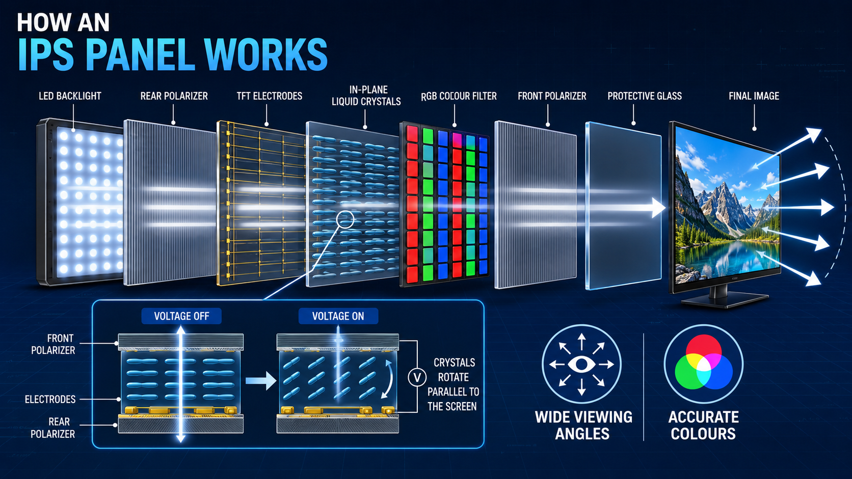 IPS LCD panel diagram showing liquid crystals rotating parallel to the screen for wide viewing angles