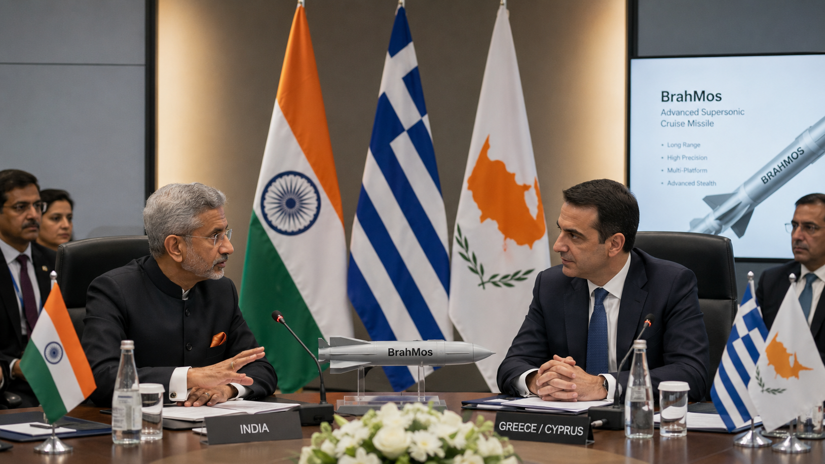 Illustrative image representing India, Greece and Cyprus defence discussions with a BrahMos missile model and national flags.