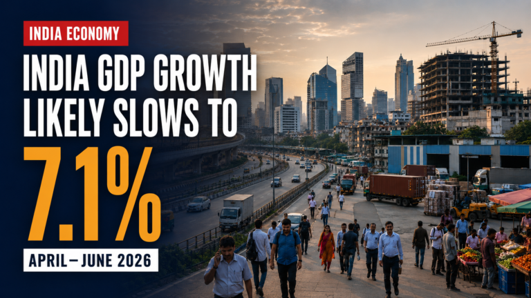 Pulse India News – Latest Breaking News from India & World India GDP growth likely slows to 7.1% in April–June 2026, with metro rail, construction, logistics and consumer activity in an Indian city.