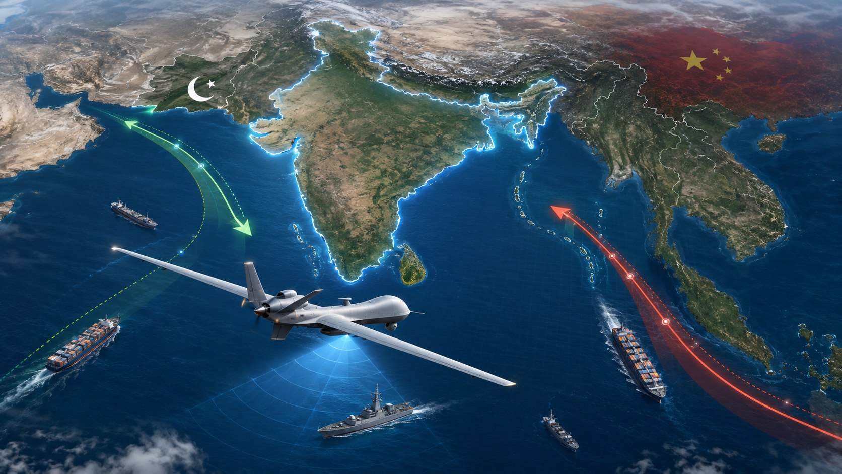 MQ-9B SeaGuardian monitoring India's coastline and strategic maritime routes across the Indian Ocean