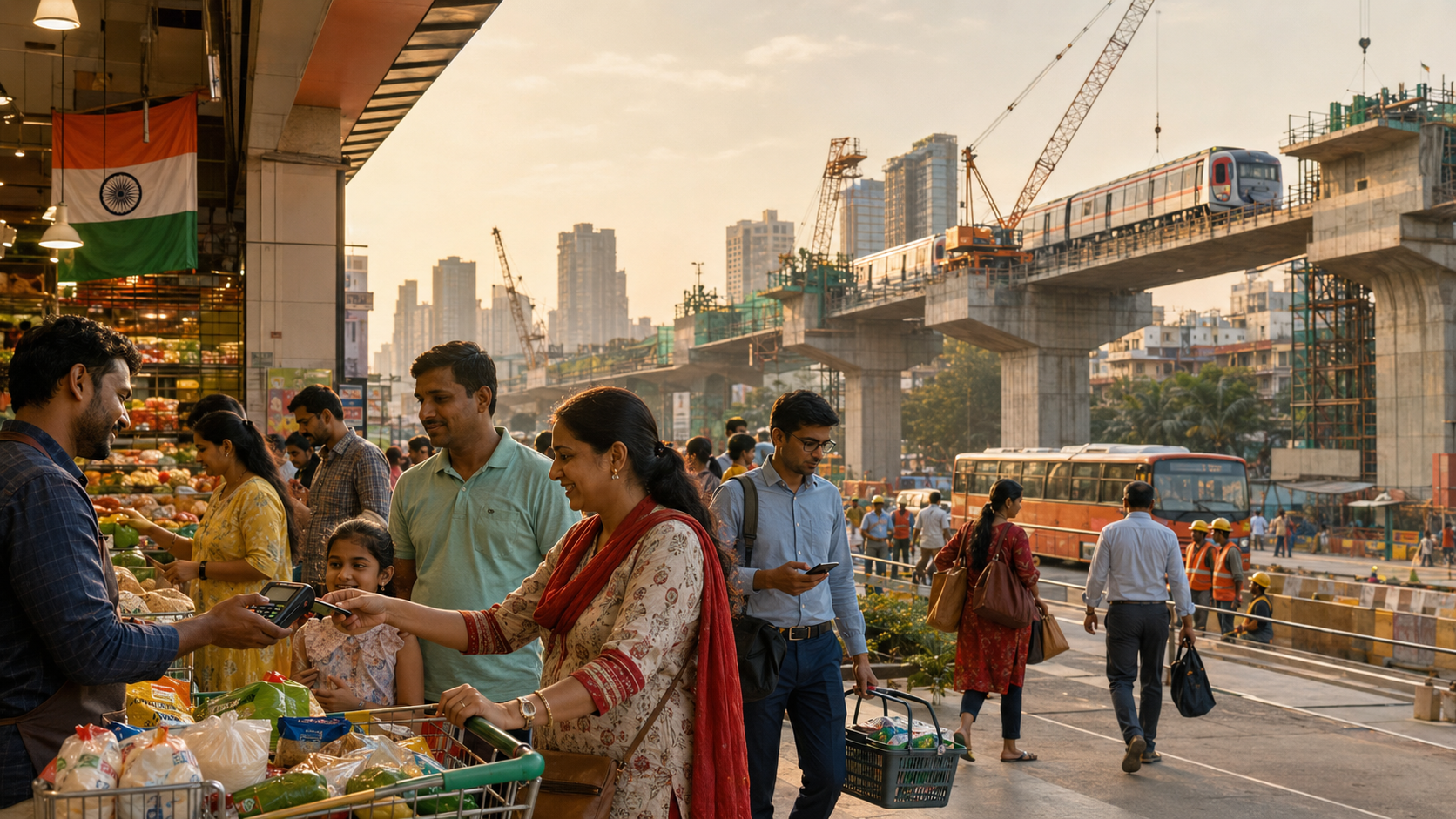 Indian consumers shopping beside metro, road and public infrastructure development