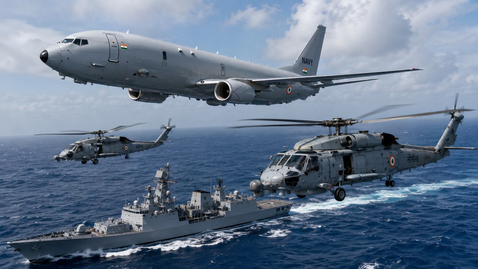 Indian Navy P-8I maritime patrol aircraft and MH-60R Seahawk helicopters conducting maritime operations with a naval warship