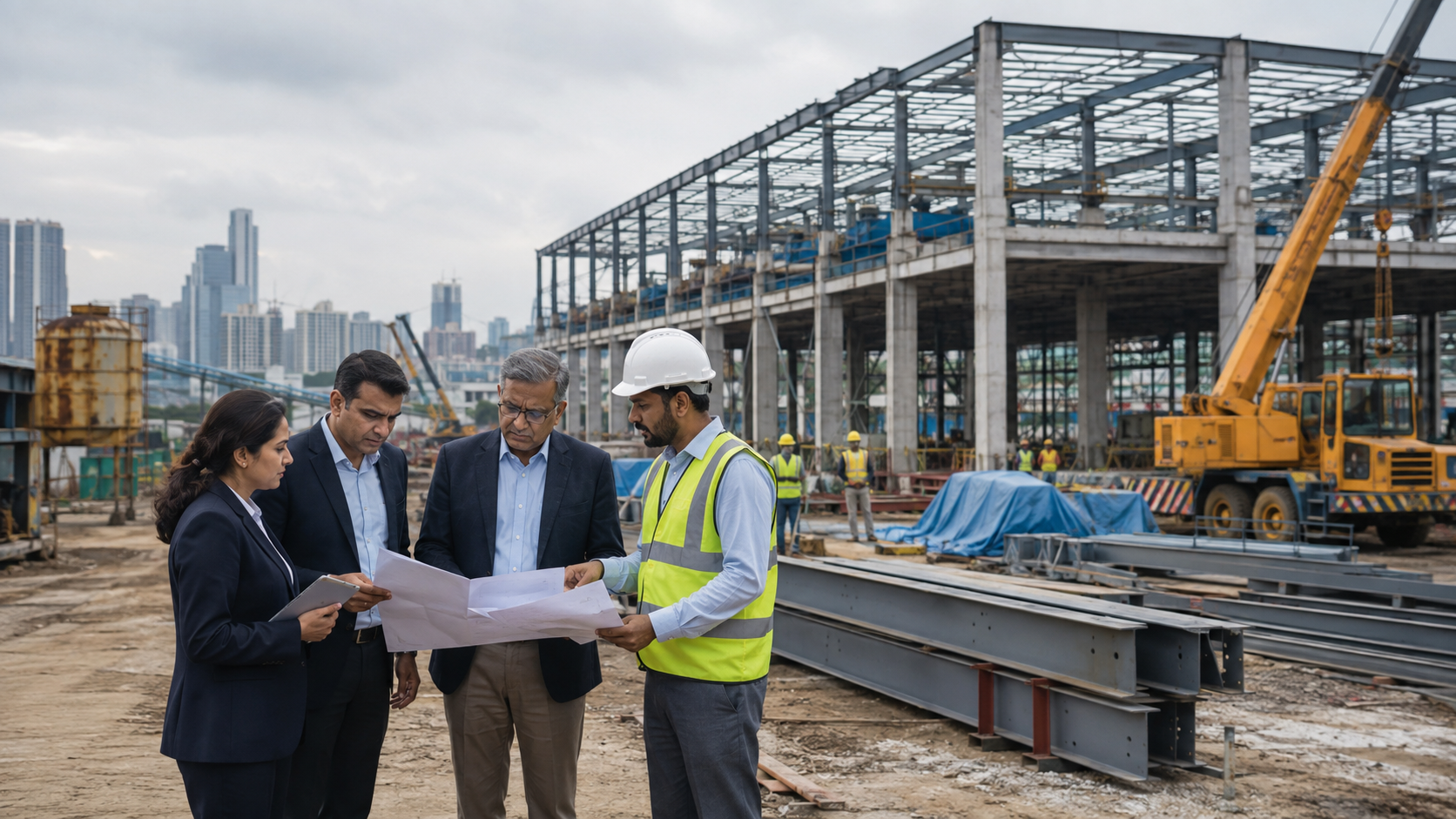 Indian executives and an engineer reviewing plans at a partially completed industrial project