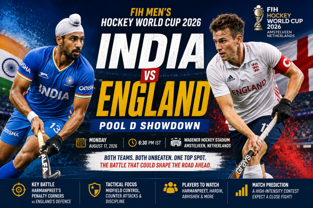 India vs England Hockey World Cup 2026 Preview: Pool D Heavyweights Face High-Stakes Clash India vs England FIH Men’s Hockey World Cup 2026 Pool D match preview featuring Harmanpreet Singh and an England player.