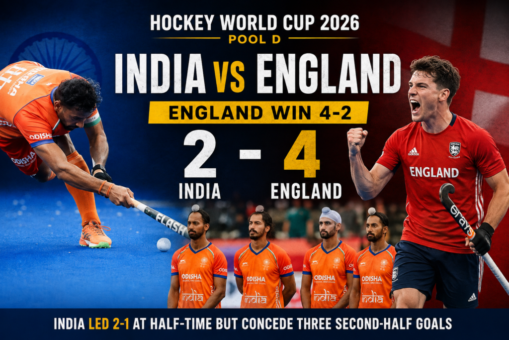 India vs England Hockey World Cup 2026 result graphic showing England’s 4-2 win over India after India led 2-1 at half-time.