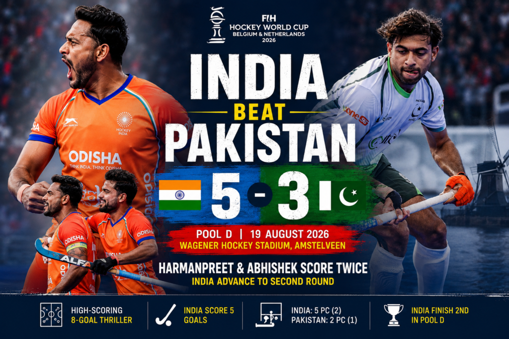 India Beat Pakistan 5-3 in Hockey World Cup 2026 Thriller to Reach Second Round India beat Pakistan 5-3 in the FIH Men’s Hockey World Cup 2026 as Harmanpreet Singh and Abhishek score twice