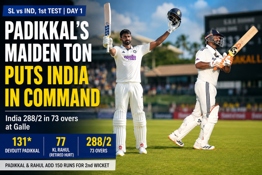 Devdutt Padikkal celebrates his maiden international century as India reach 288/2 against Sri Lanka on Day 1 of the first Test in Galle.