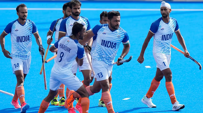 India men’s hockey players celebrate during their FIH Men’s Hockey World Cup 2026 match against Wales.