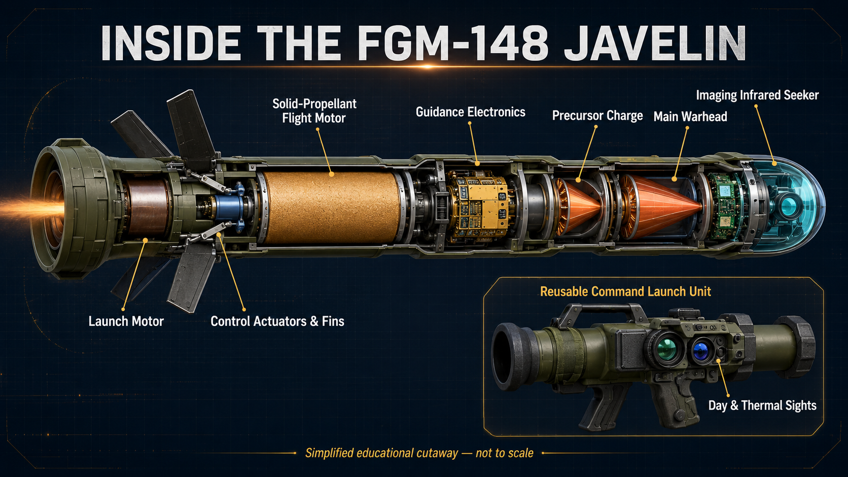 Cutaway infographic of the FGM-148 Javelin showing its seeker, guidance electronics, tandem warhead, motors and control fins