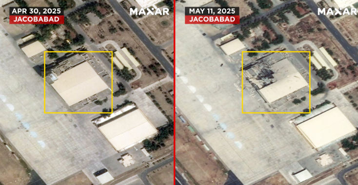Before and after satellite images showing damage at Jacobabad airbase in Pakistan during the May 2025 India-Pakistan confrontation.