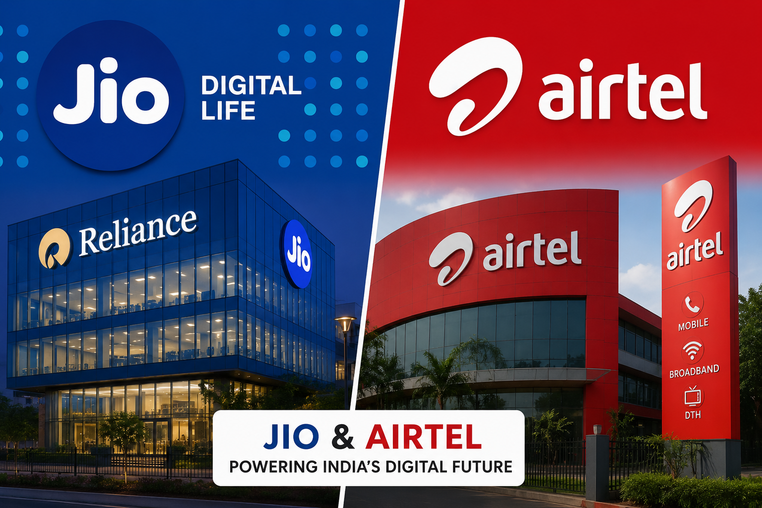 Reliance Jio and Bharti Airtel shown side by side representing India's leading 5G telecom operators