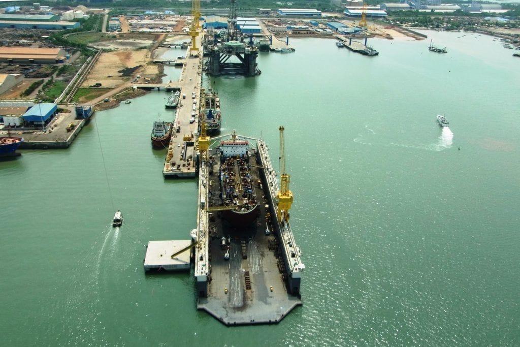 Aerial view of Kakinada Deep Water Port in Andhra Pradesh with cargo vessels and port infrastructure