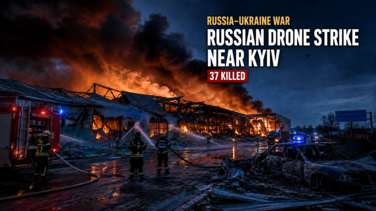 Pulse India News – Latest Breaking News from India & World AI-generated cinematic illustration of firefighters battling a burning warehouse after a Russian drone strike near Kyiv.