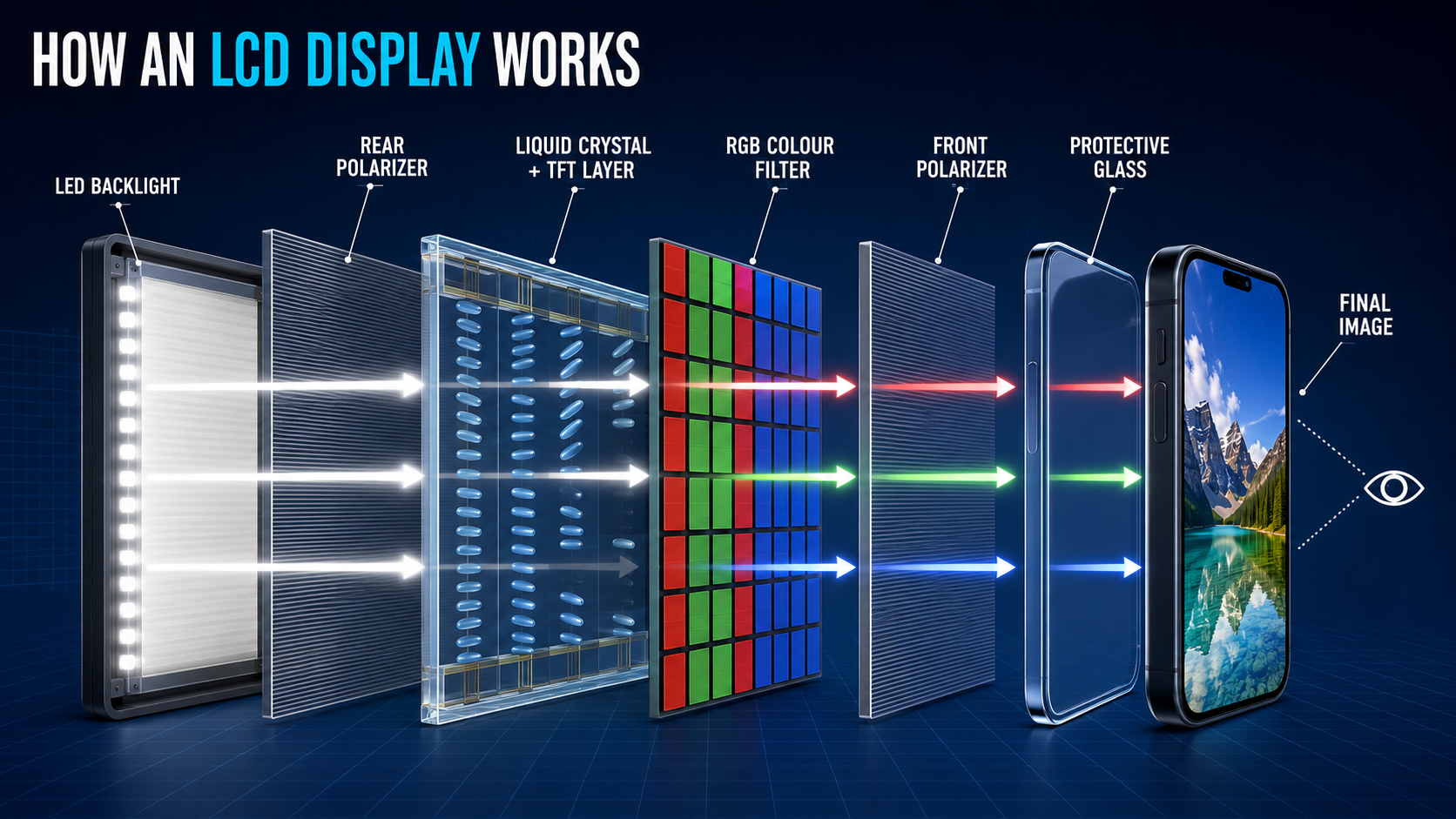 Exploded diagram showing an LCD display using an LED backlight, liquid crystals, polarizers and RGB filters
