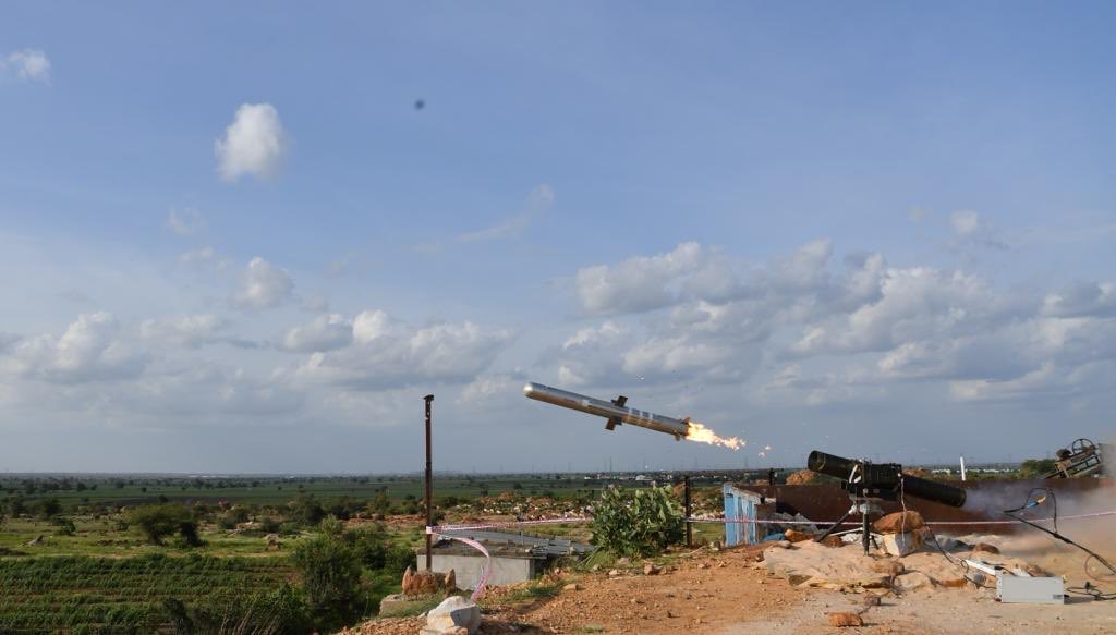 India's indigenous MPATGM flying immediately after launch from a tripod-mounted system during a field test