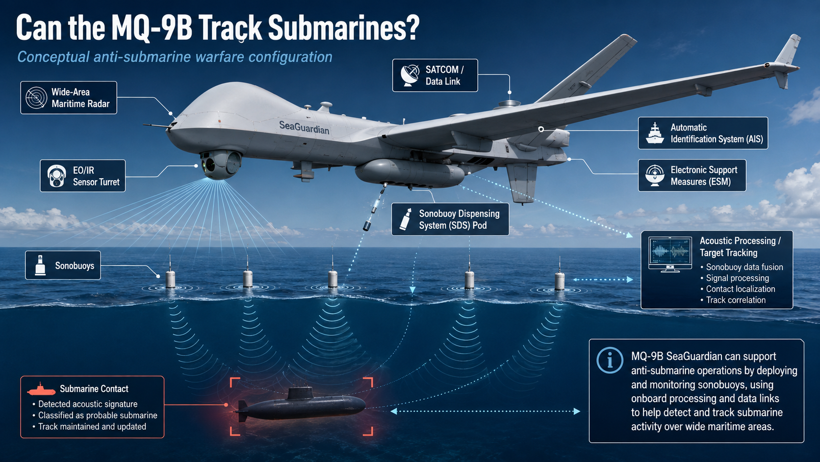 MQ-9B SeaGuardian specifications infographic showing endurance altitude sensors radar and maritime surveillance capabilities