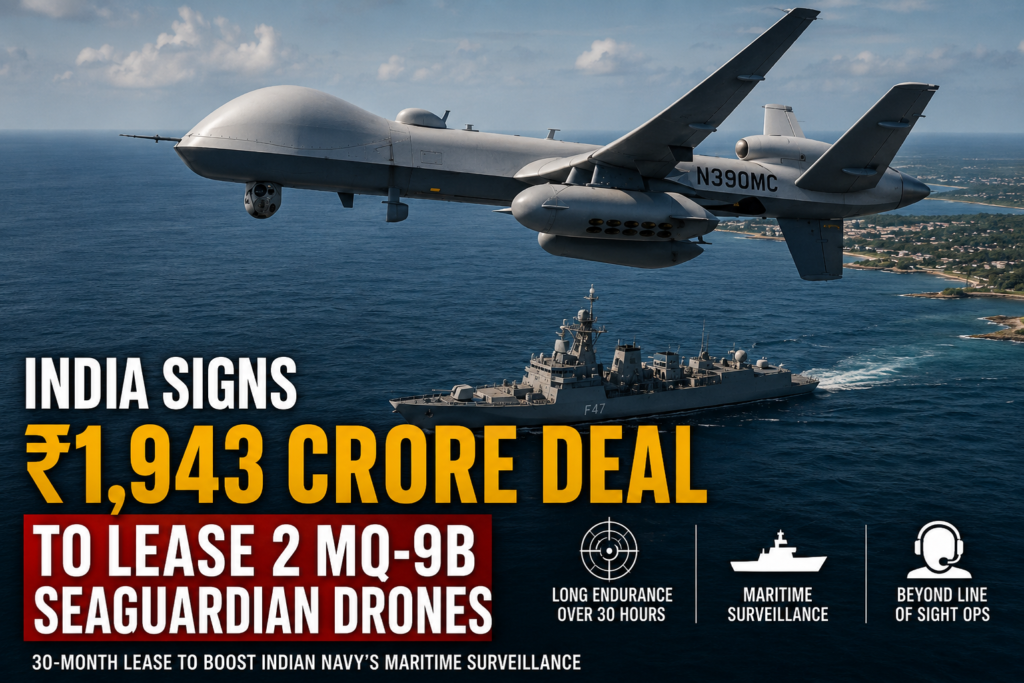 India Signs ₹1,943 Crore Deal to Lease 2 MQ-9B SeaGuardian Drones: Specs, Surveillance Role and Strategic Advantage MQ-9B SeaGuardian drone flying over the Indian Ocean as India signs ₹1,943 crore deal to lease two drones for the Indian Navy.