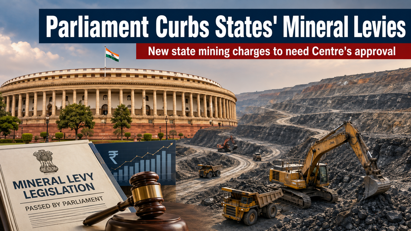 India Parliament and mining operations illustrating MMDR Amendment Bill 2026 restrictions on state mineral levies