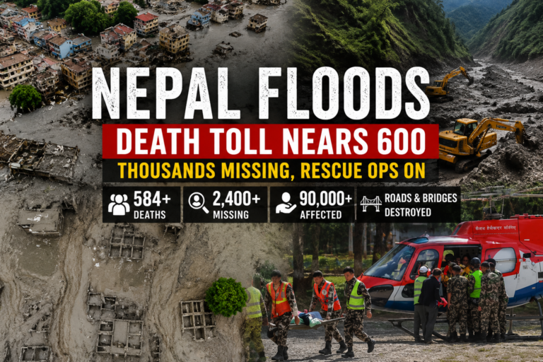 Pulse India News – Latest Breaking News from India & World Nepal floods featured image showing devastated towns, mud-covered buildings, rescue helicopters and excavators, with 584+ deaths and 2,400+ people missing.