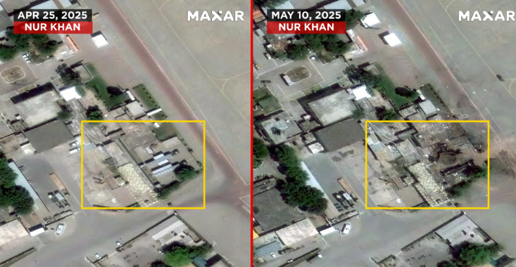 Before and after Maxar satellite images showing visible damage at Nur Khan airbase in Pakistan after the May 2025 conflict.