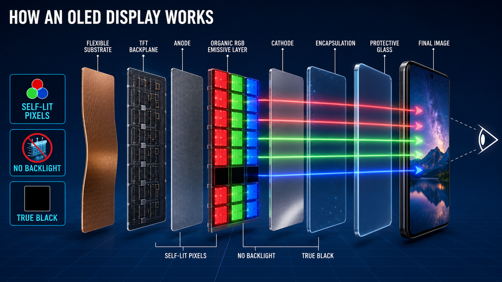 Exploded OLED display diagram showing self-lit RGB pixels producing light without a separate backlight