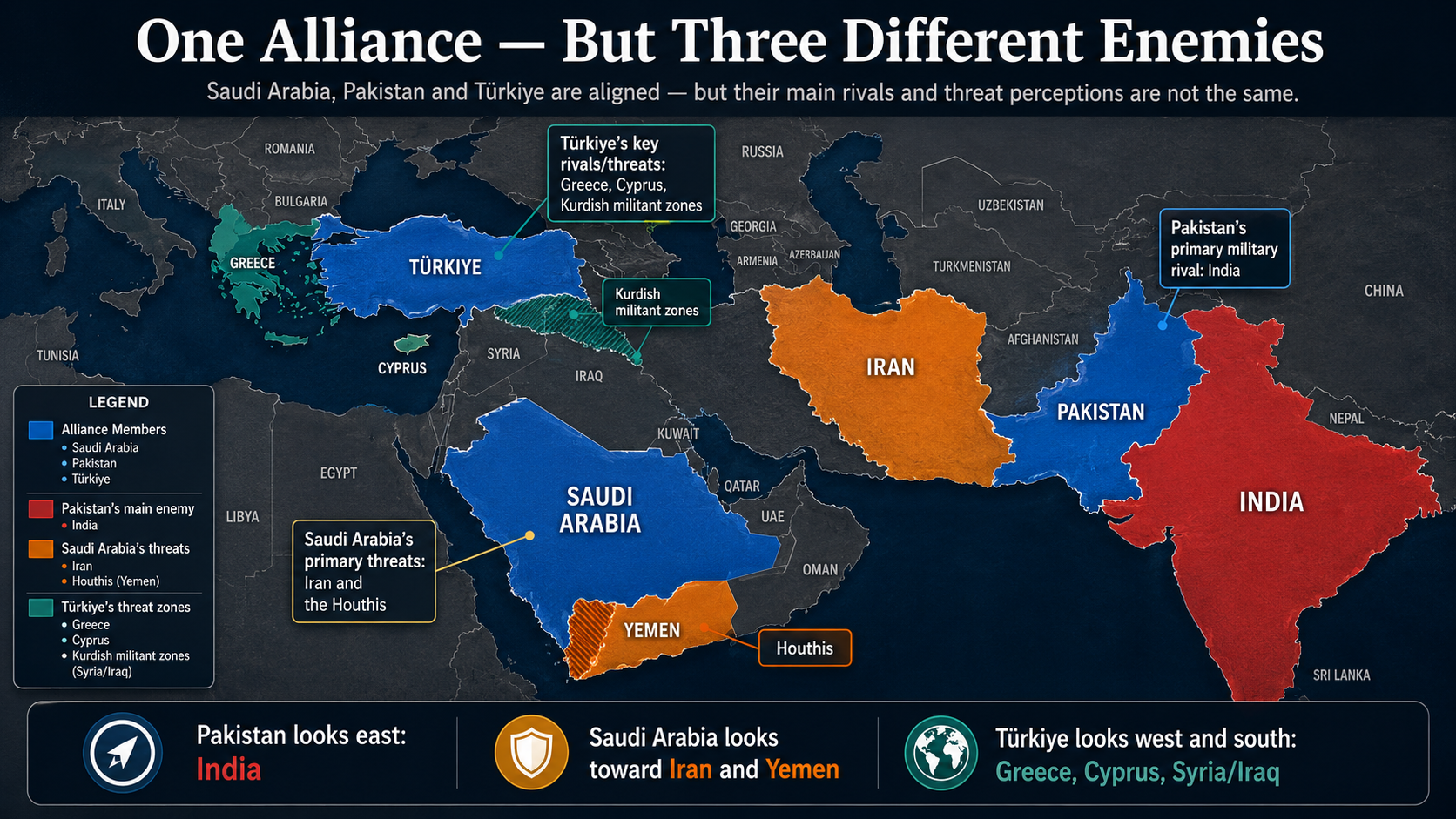 World map showing Saudi Arabia, Pakistan and Türkiye alongside their different principal security threats and rivalries.