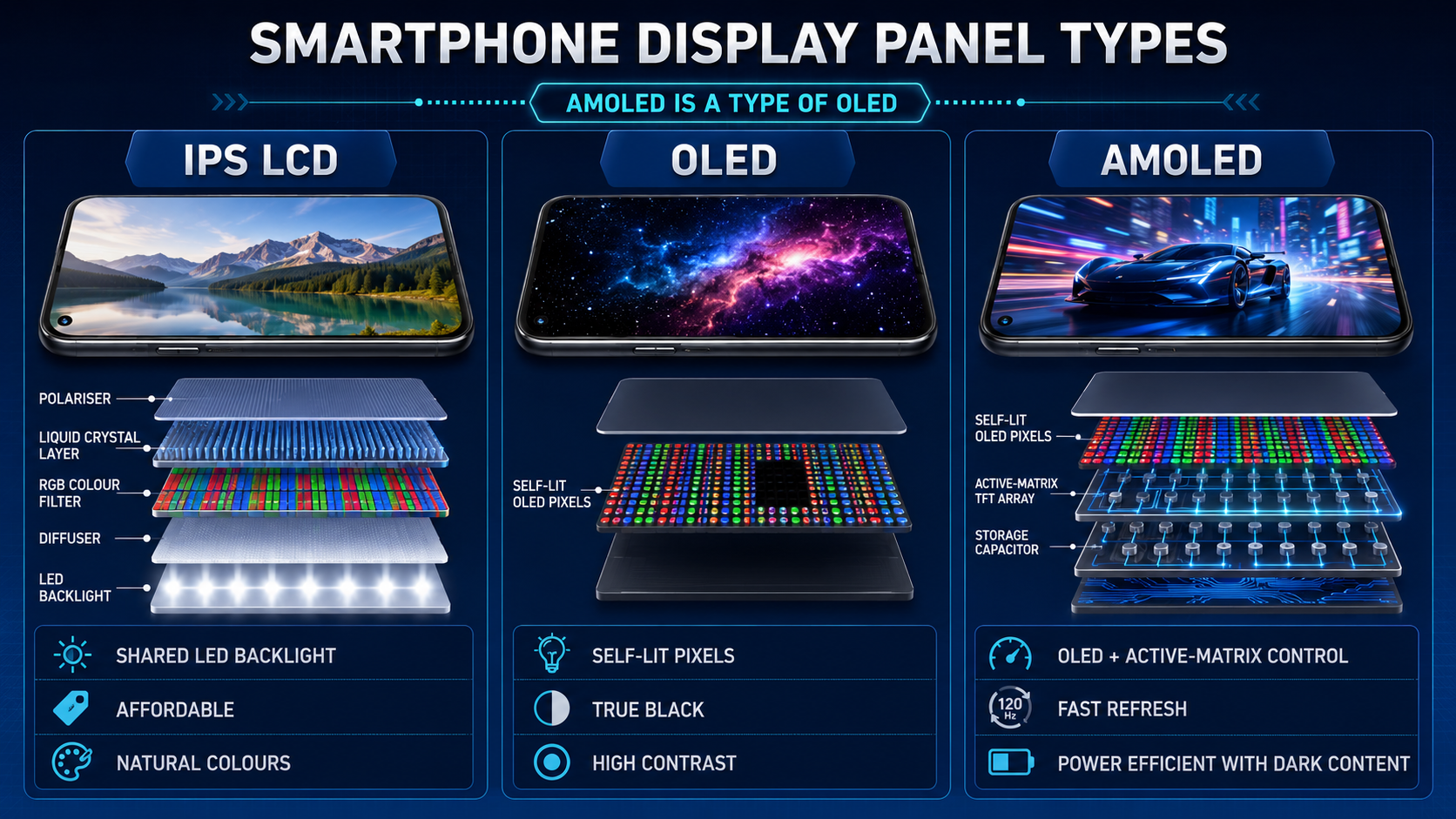 Comparison of IPS LCD, OLED and AMOLED smartphone displays showing their construction and key differences