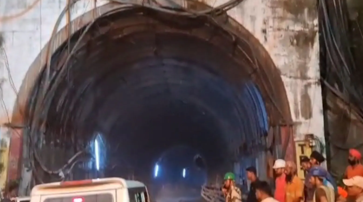Entrance of the under-construction Vishnugad-Pipalkoti hydropower tunnel in Chamoli district, Uttarakhand, following the deadly water and debris surge