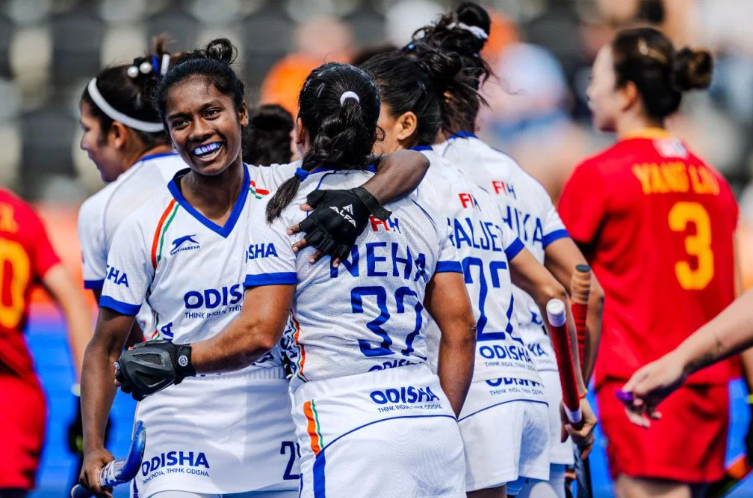 Indian women's hockey players celebrate after scoring against China during the FIH Women's Hockey World Cup 2026.