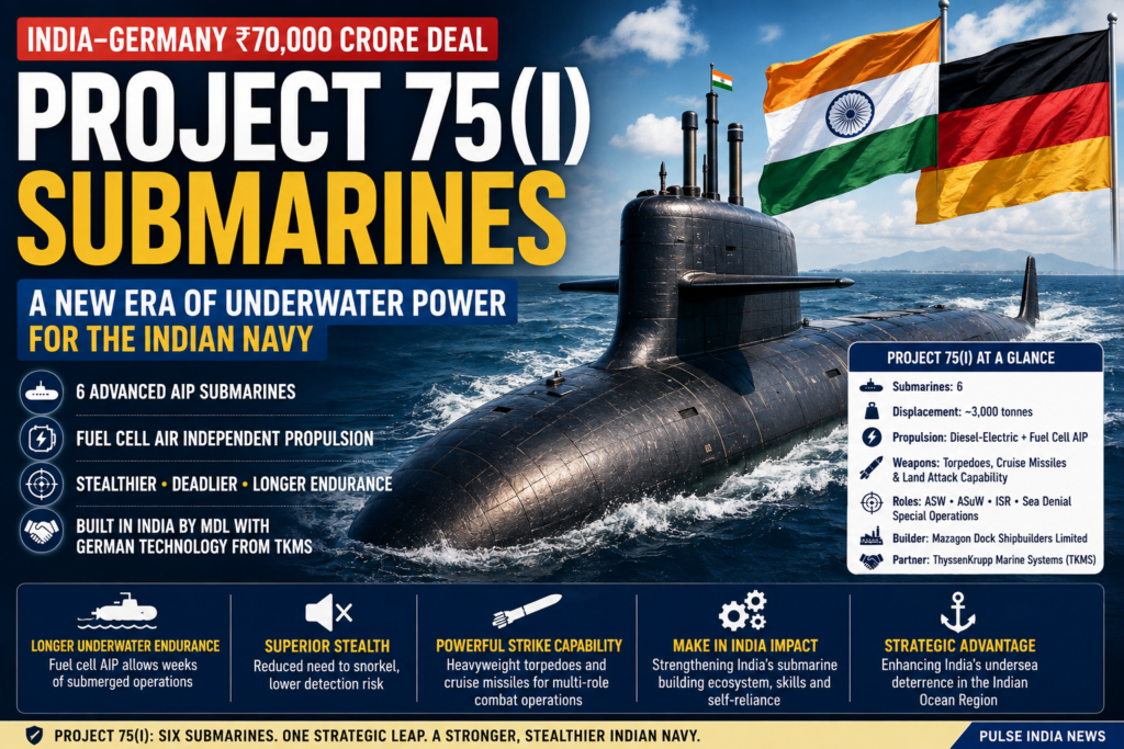 India-Germany ₹70,000 Crore Submarine Deal: How Project 75(I) Could Transform Indian Navy’s Underwater Power India-Germany Project 75(I) submarine deal featuring six AIP-equipped submarines for the Indian Navy under a ₹70,000 crore programme.